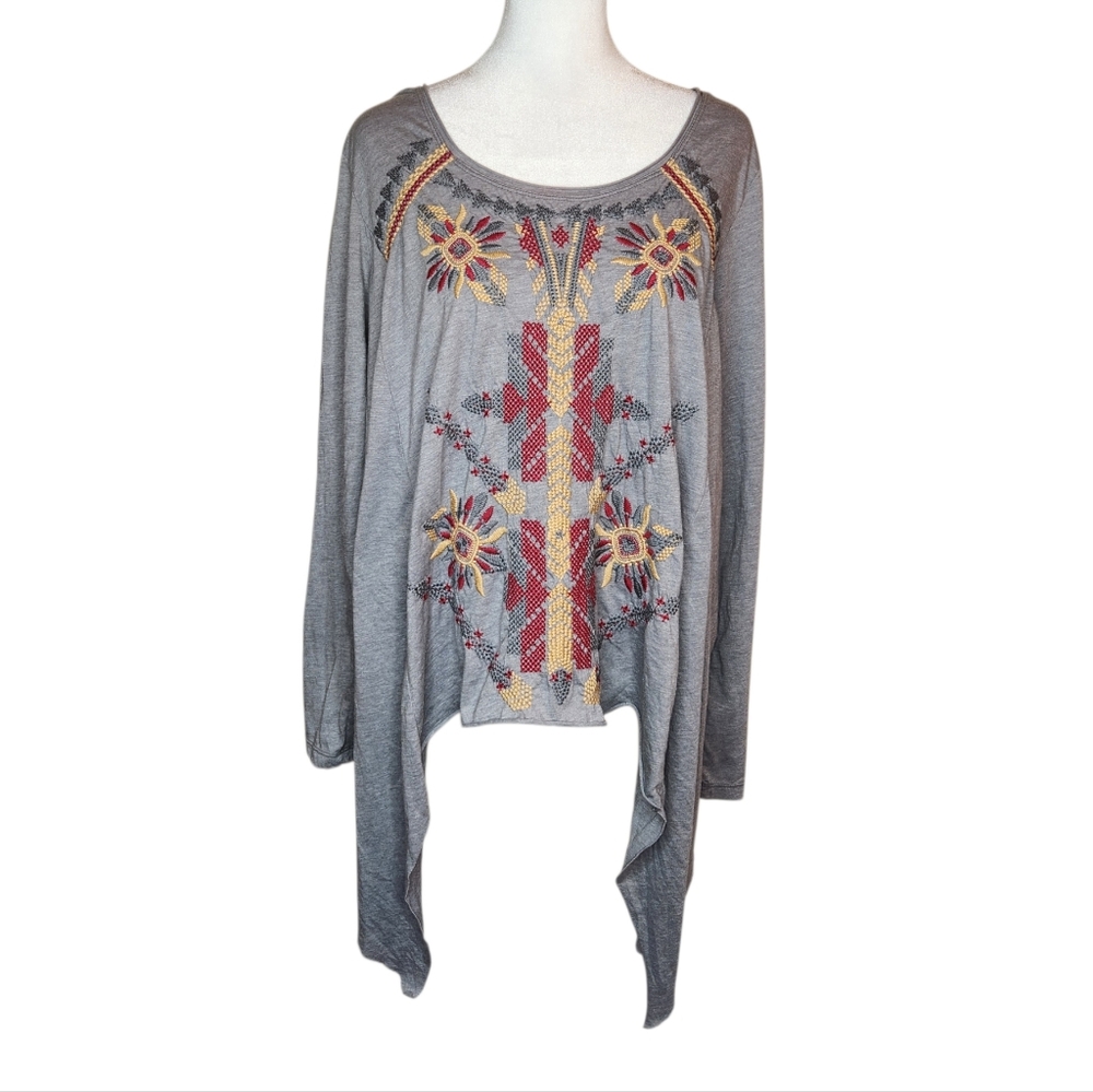 Johnny Was Embroidered Southwestern Aztec Asymmetrical Long Sleeve Top Large
